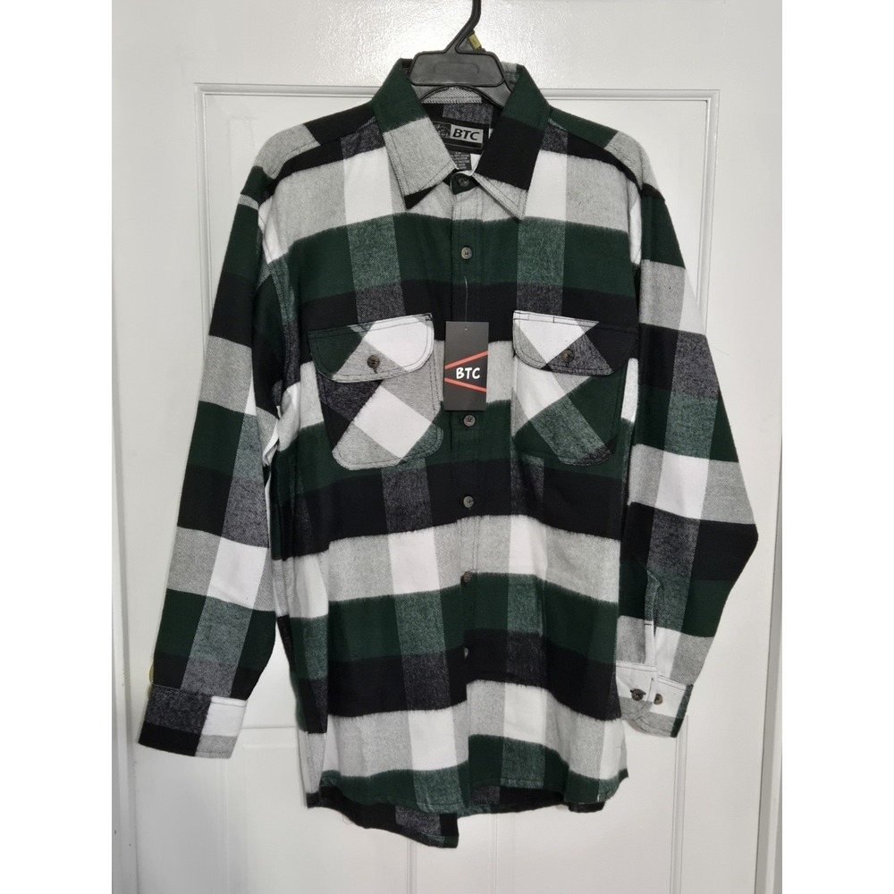 BTC Mens‎ flannel button up green black white NWT L Tall